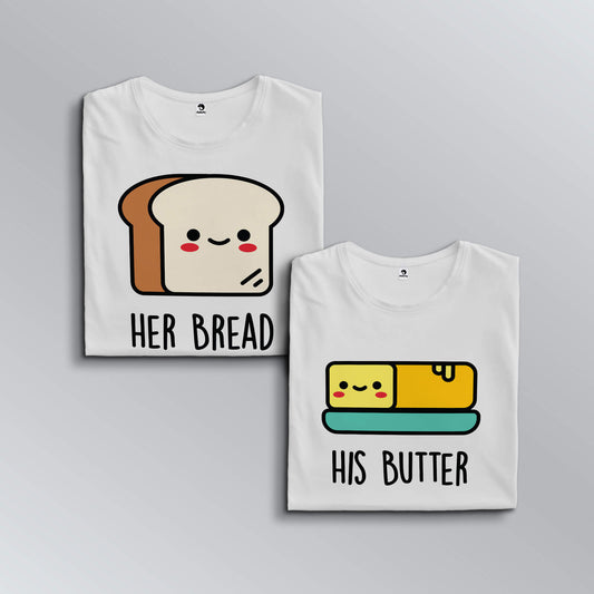 Her bread-His butter T-shirts for couples in white (top view)