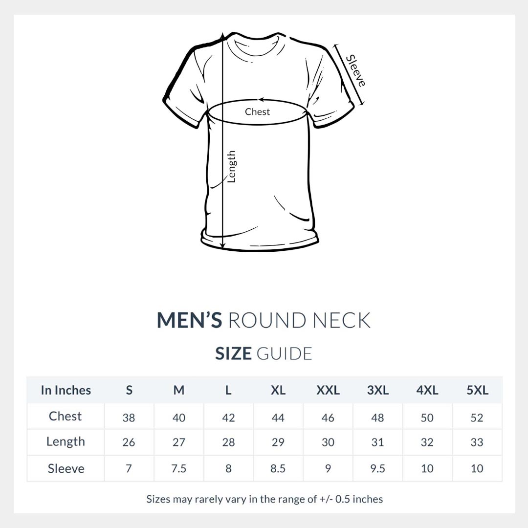 Men's round neck tshirt size guide with shirt diagram and measurement chart.