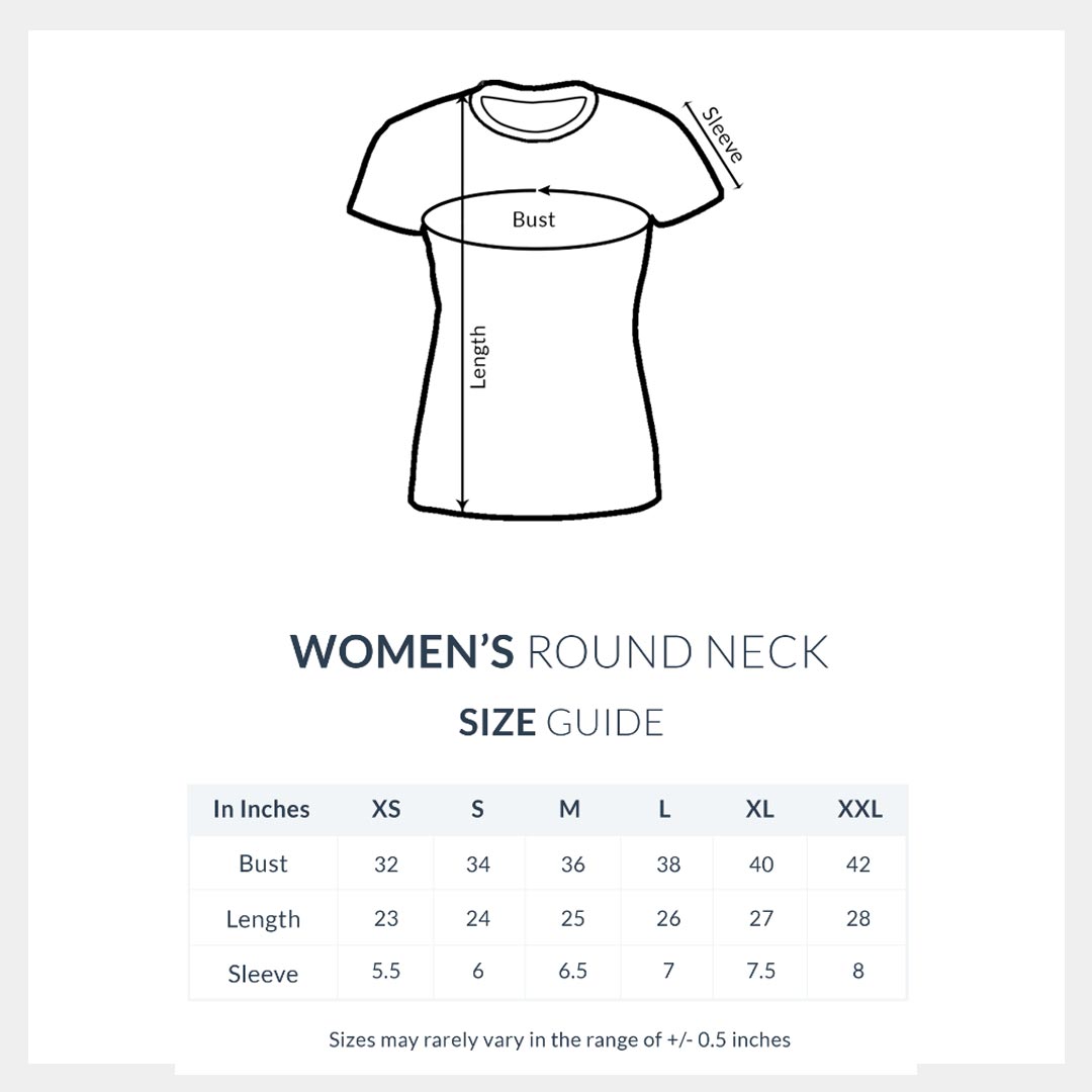 Women's round neck tshirt size guide with shirt diagram and measurement chart.