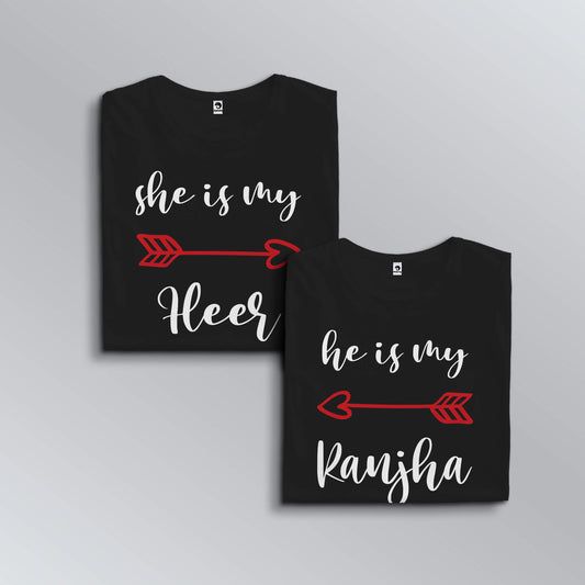 Heer-Ranjha matching T-shirts for couples in black (top view)
