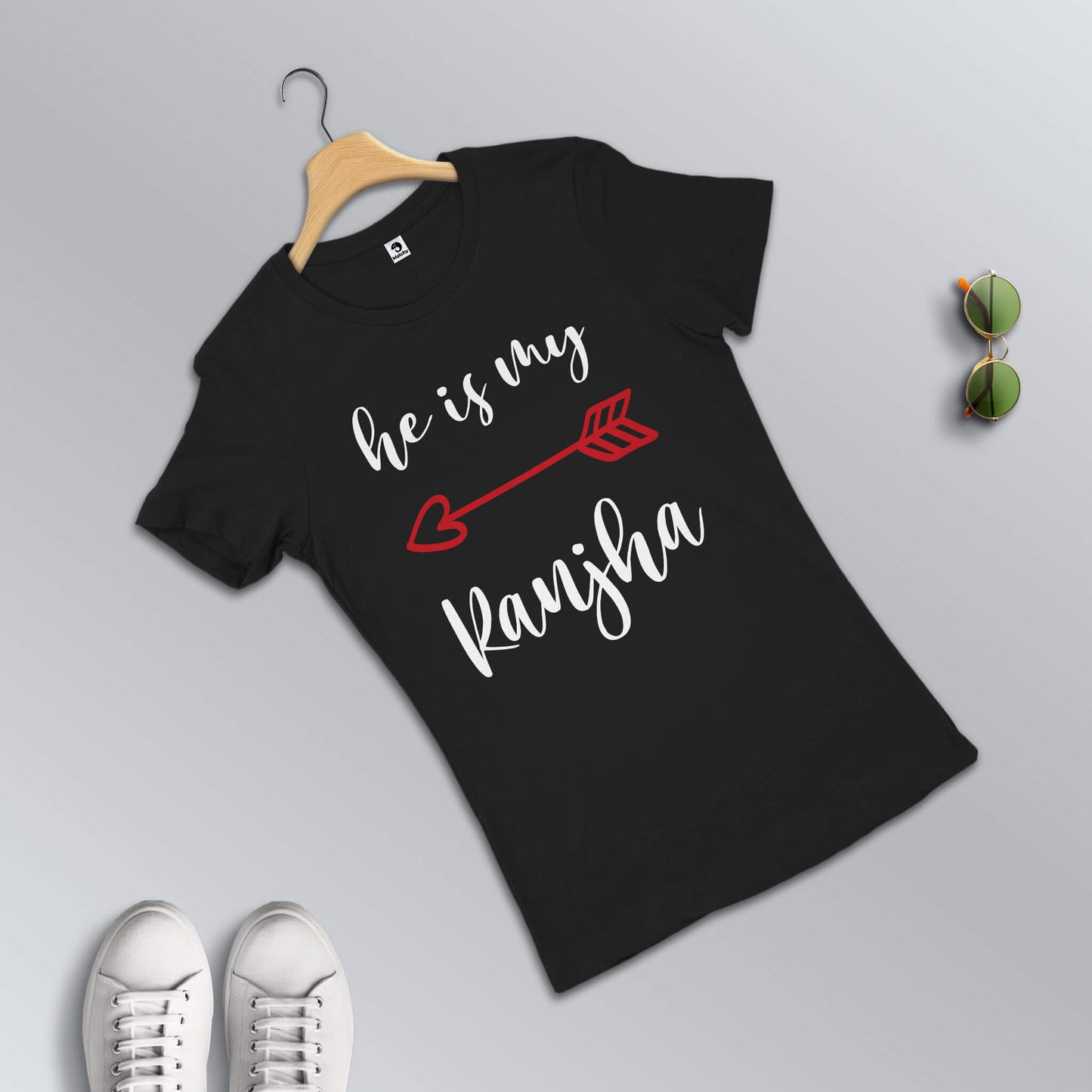 Heer-Ranjha matching T-shirts for couples in black (female t-shirt in focus)
