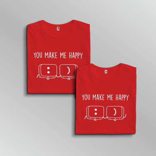 You make me happy T-shirts for couples in red (top view)