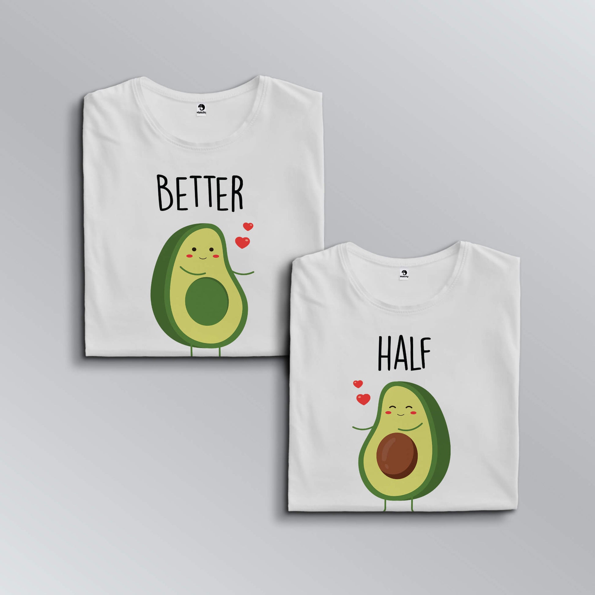 Better-Half matching T-shirts for couples in white (top view)