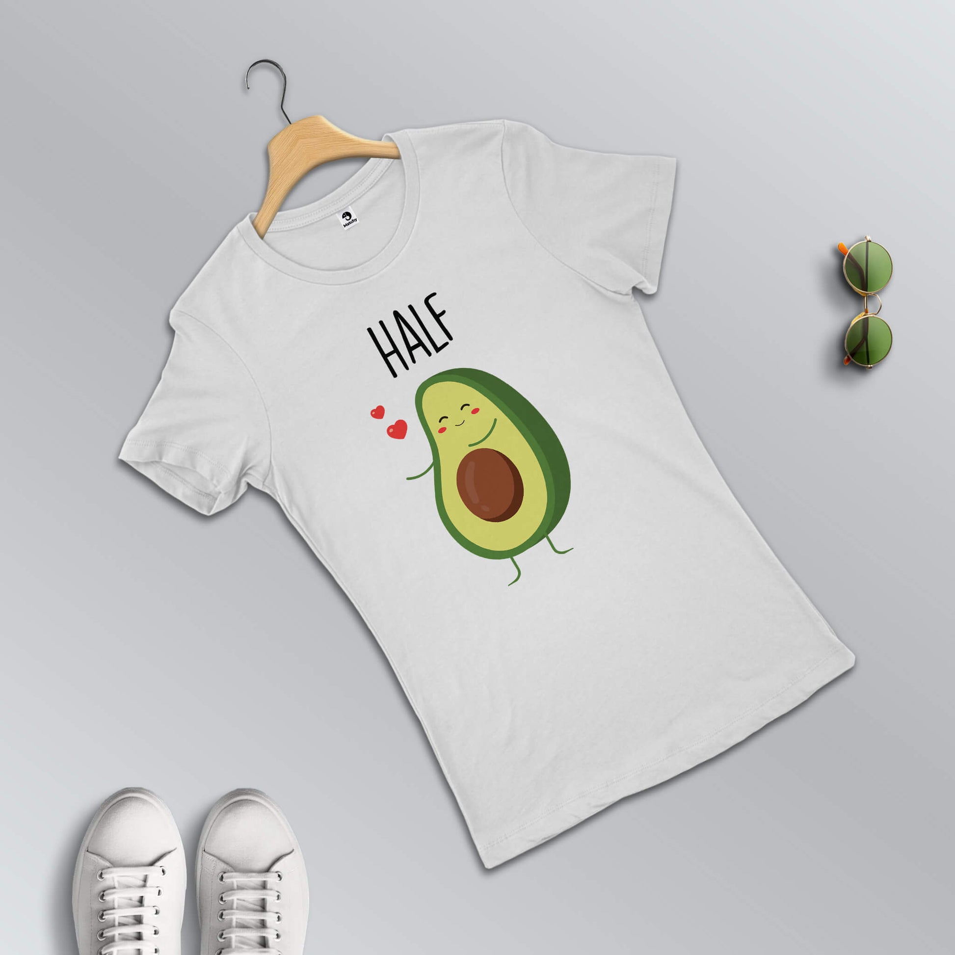Better-Half matching T-shirts for couples in white (female t-shirt in focus)