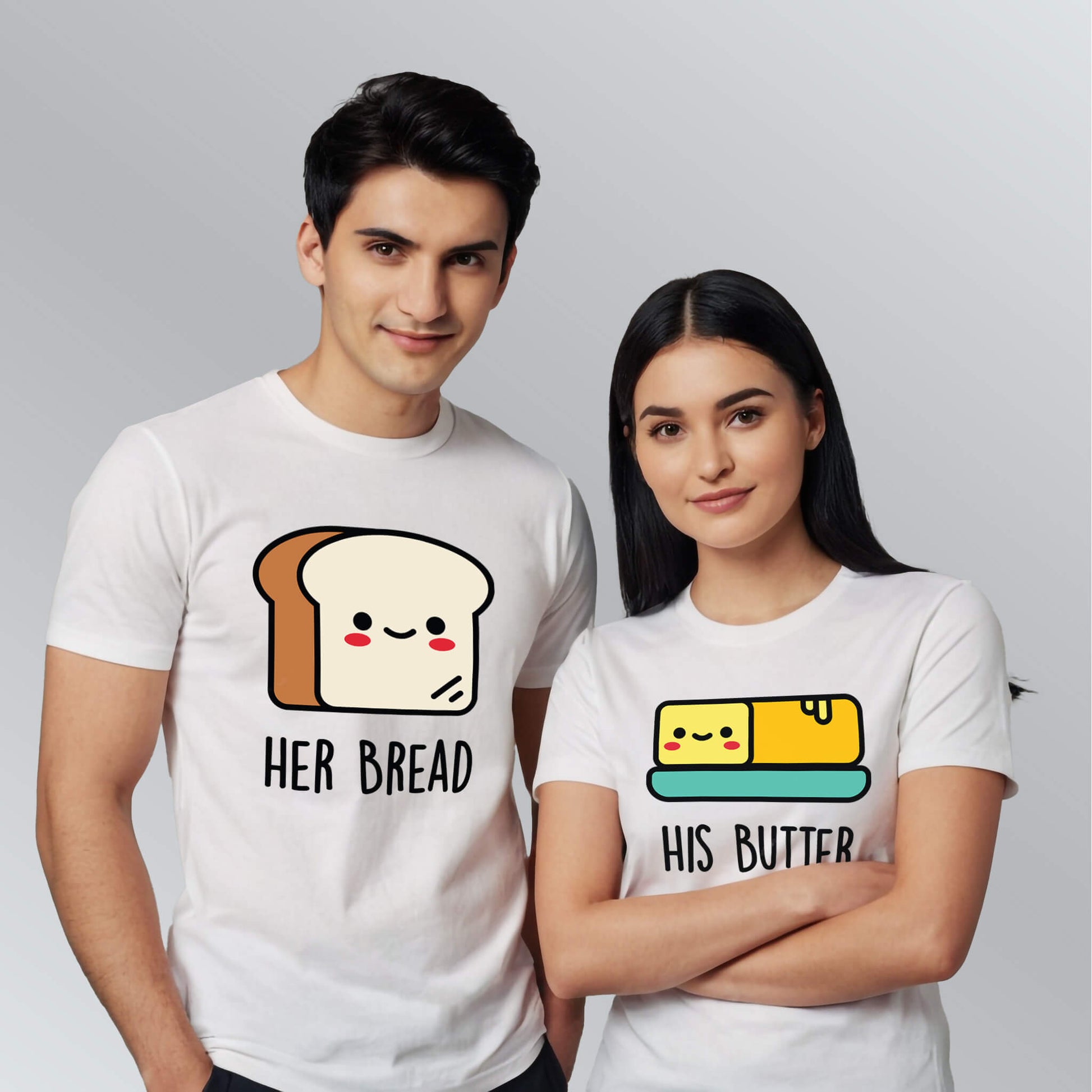 Her bread-His butter T-shirts for couples in white