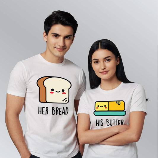 Her bread-His butter T-shirts for couples in white