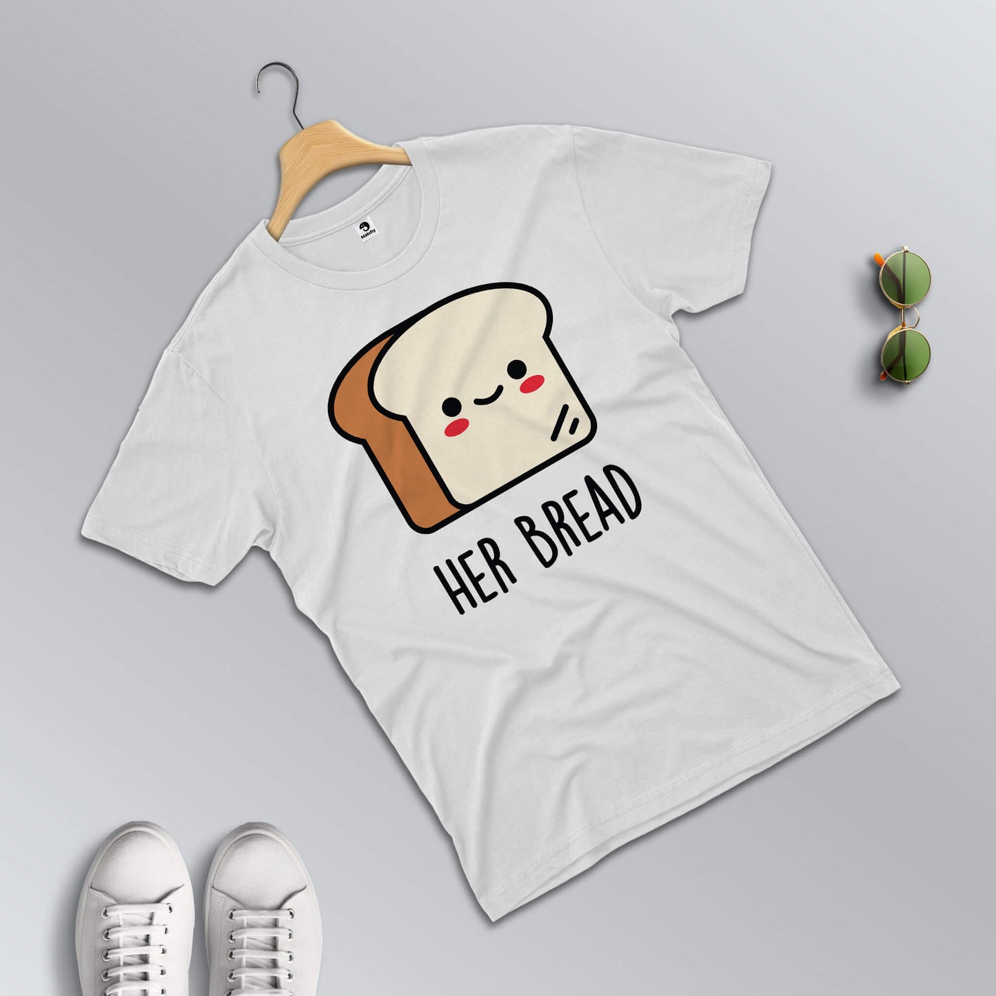 Her bread-His butter T-shirts for couples in white (male t-shirt in focus)