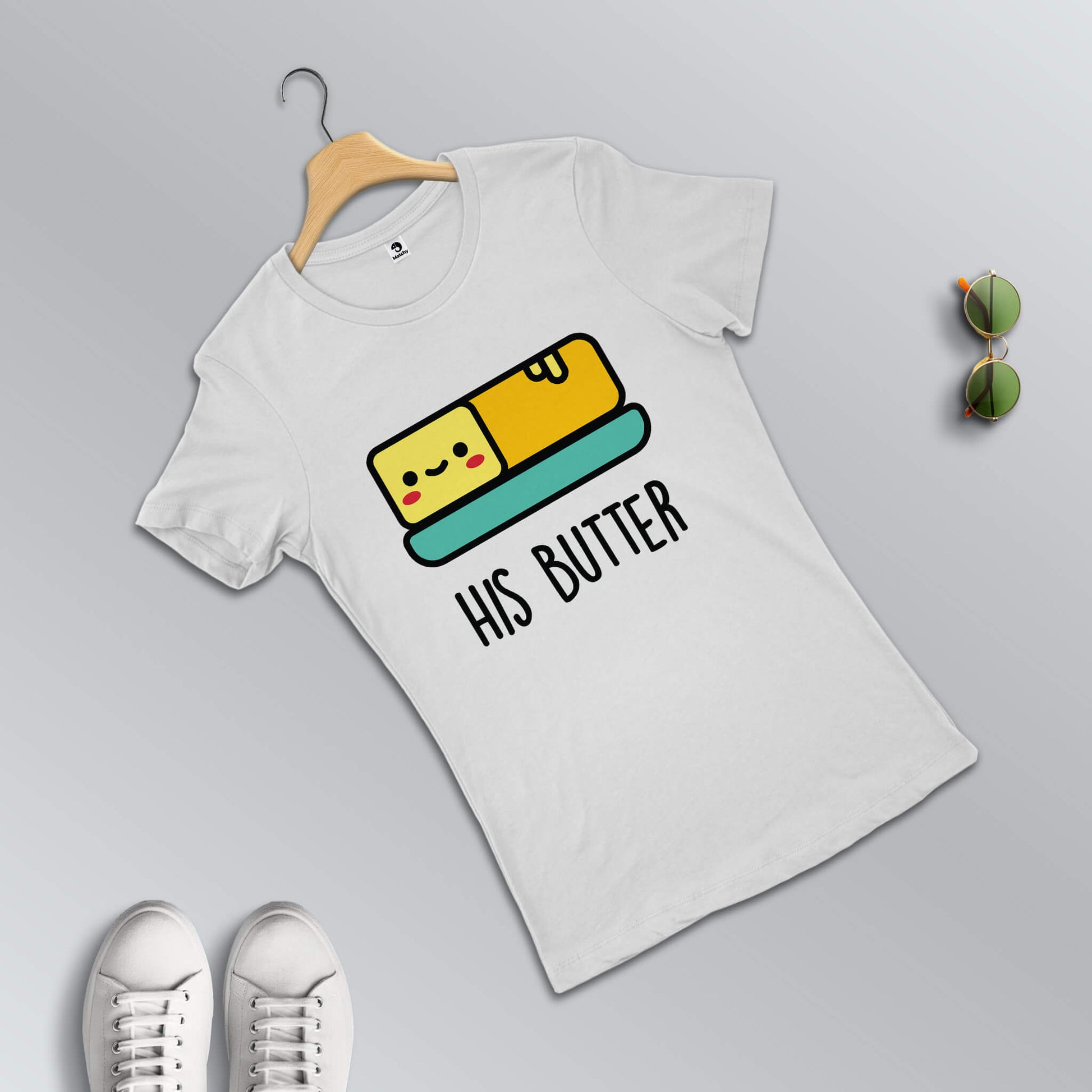 Her bread-His butter T-shirts for couples in white (female t-shirt in focus)