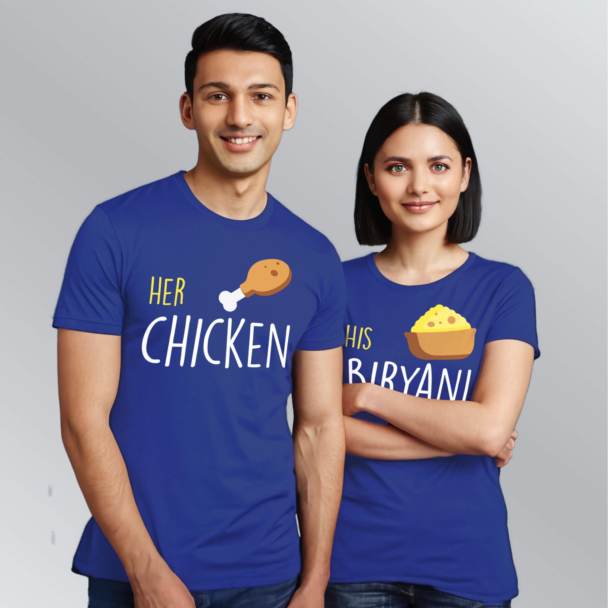Her Chicken-His Biryani matching T-shirts for couples in blue