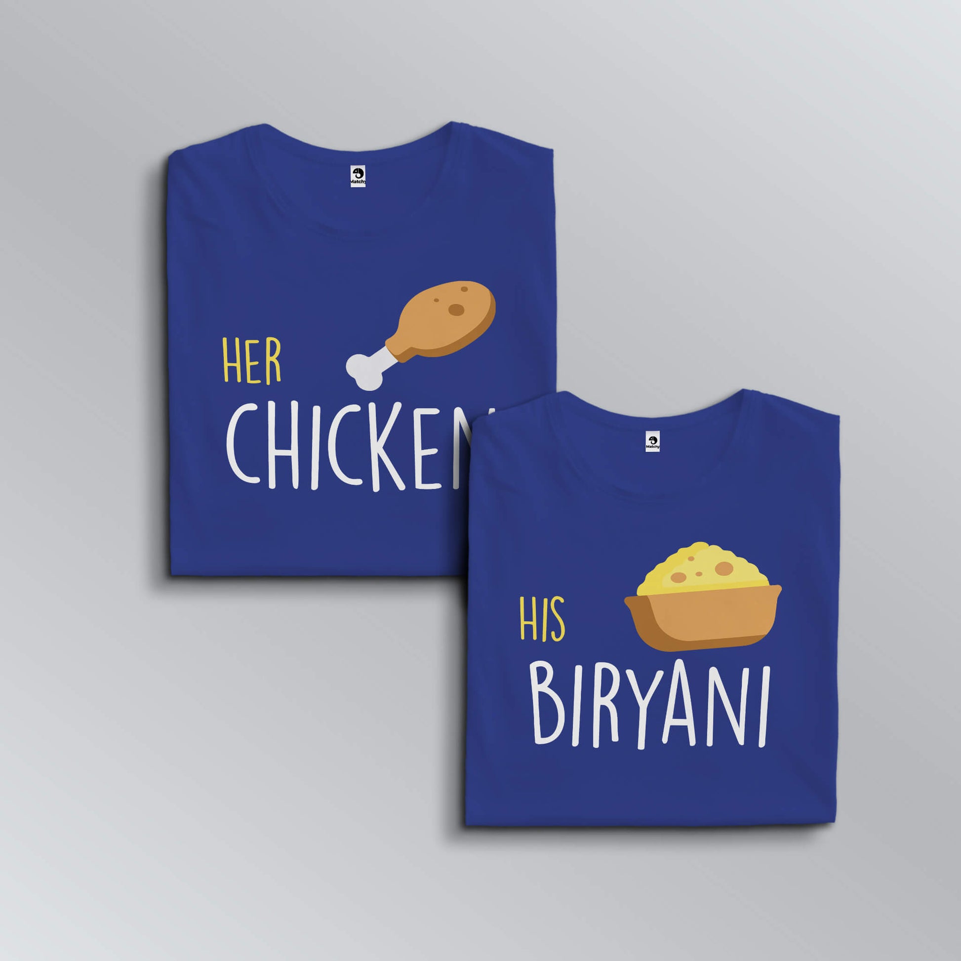 Her Chicken-His Biryani matching T-shirts for couples in blue (top view)
