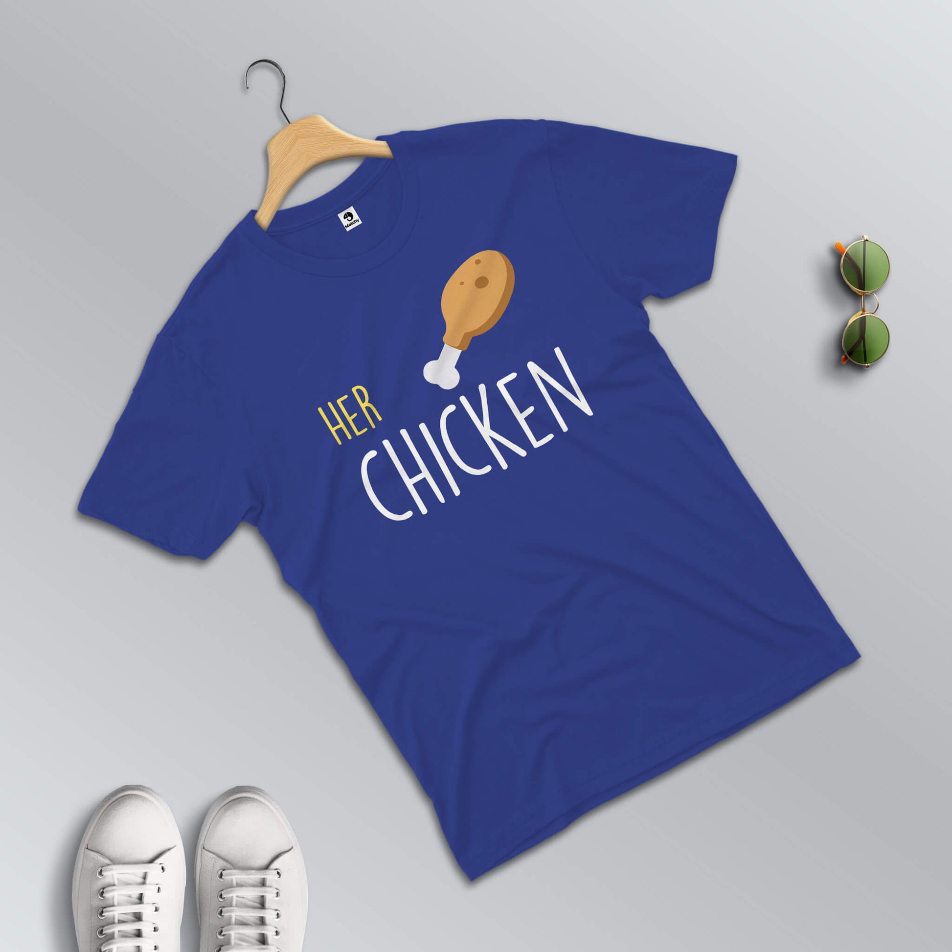 Her Chicken-His Biryani matching T-shirts for couples in blue (male t-shirt in focus)