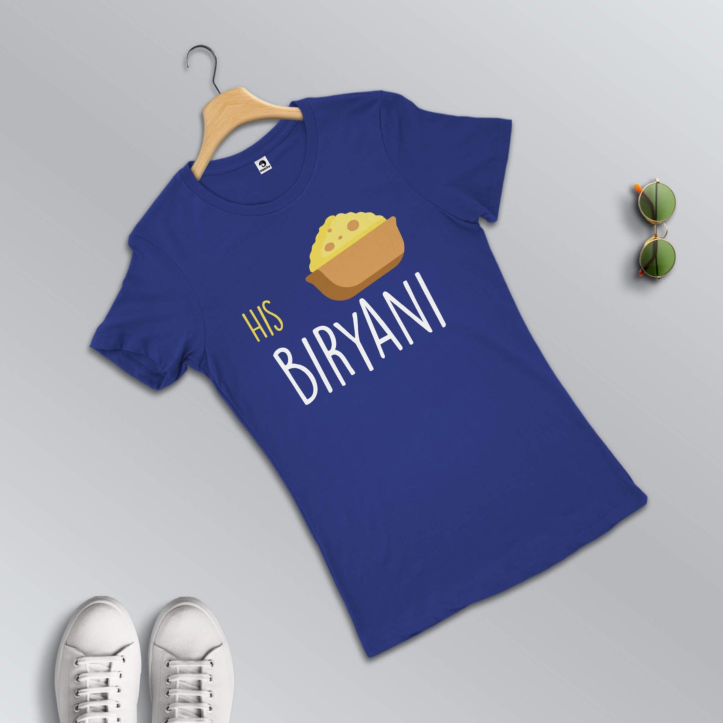 Her Chicken-His Biryani matching T-shirts for couples in blue (female t-shirt in focus)