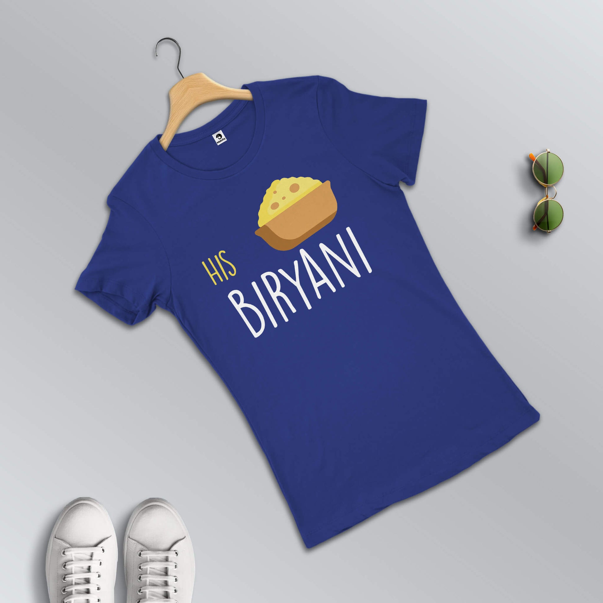 Her Chicken-His Biryani matching T-shirts for couples in blue (female t-shirt in focus)