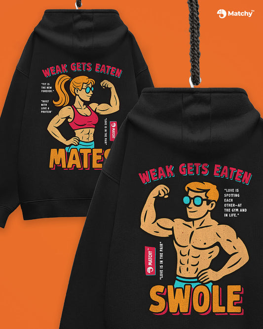 Swolemates oversized couple hoodies in black color, back view.