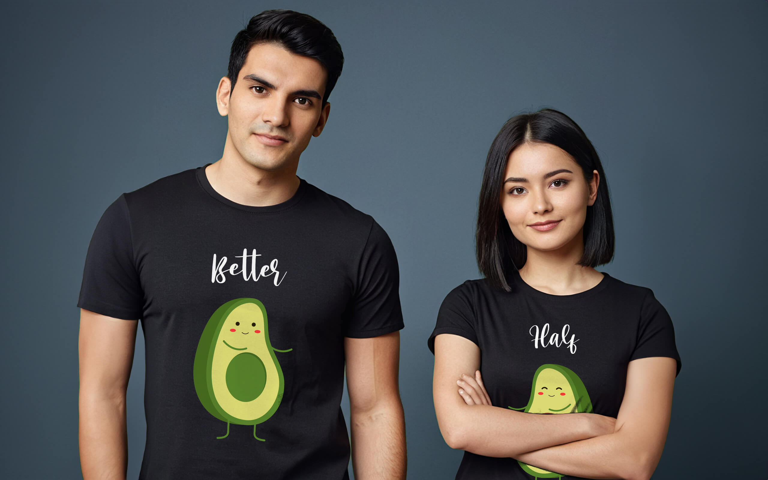 Romantic couple wearing complementary better-half printed matching couple T-shirts by  Matchy, posing facing front