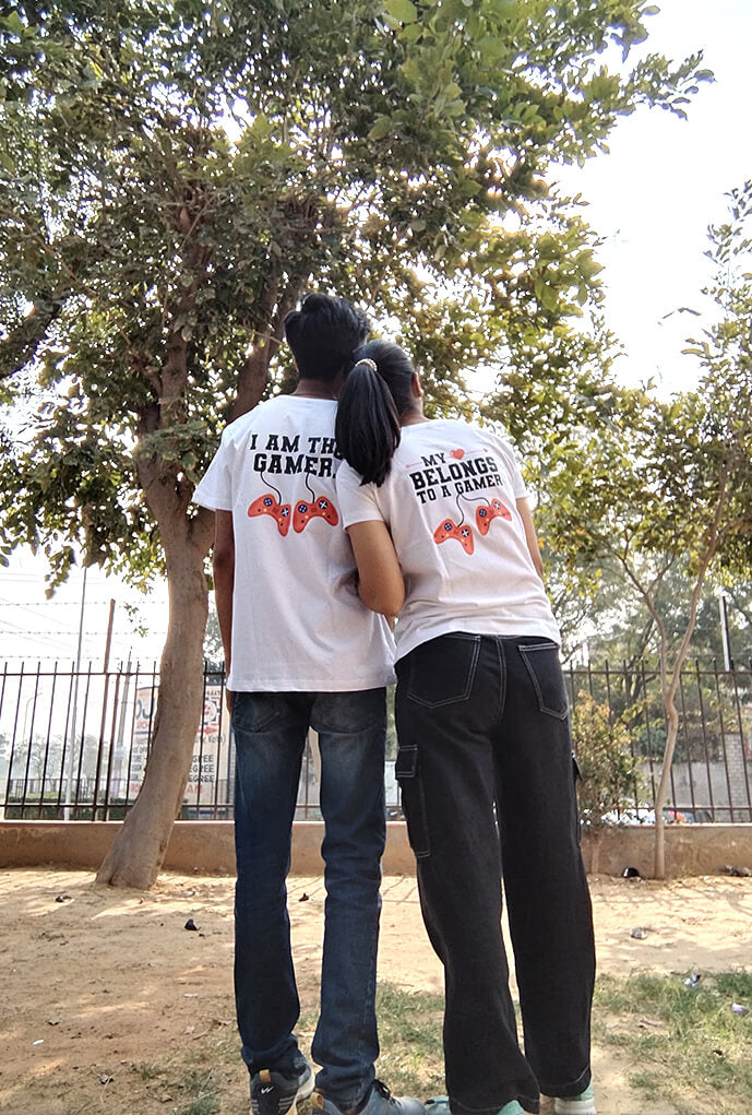 Real-life couple wearing Matchy couple tees hugging each other by side