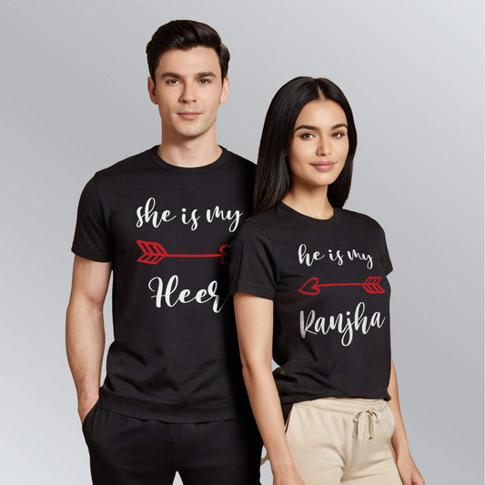 Heer-Ranjha matching T-shirts for couples in black