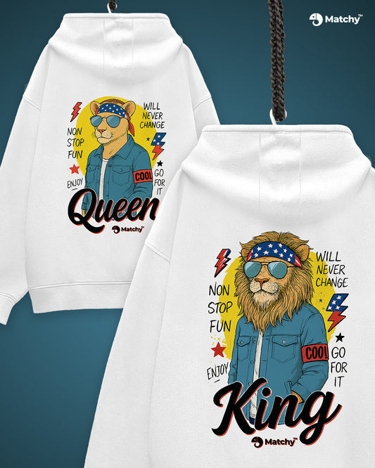 King and Queen oversized couple hoodies in white color, back view.