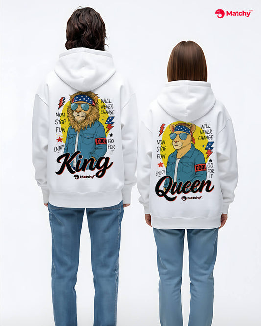 King and Queen oversized couple hoodies worn by a couple in white color.