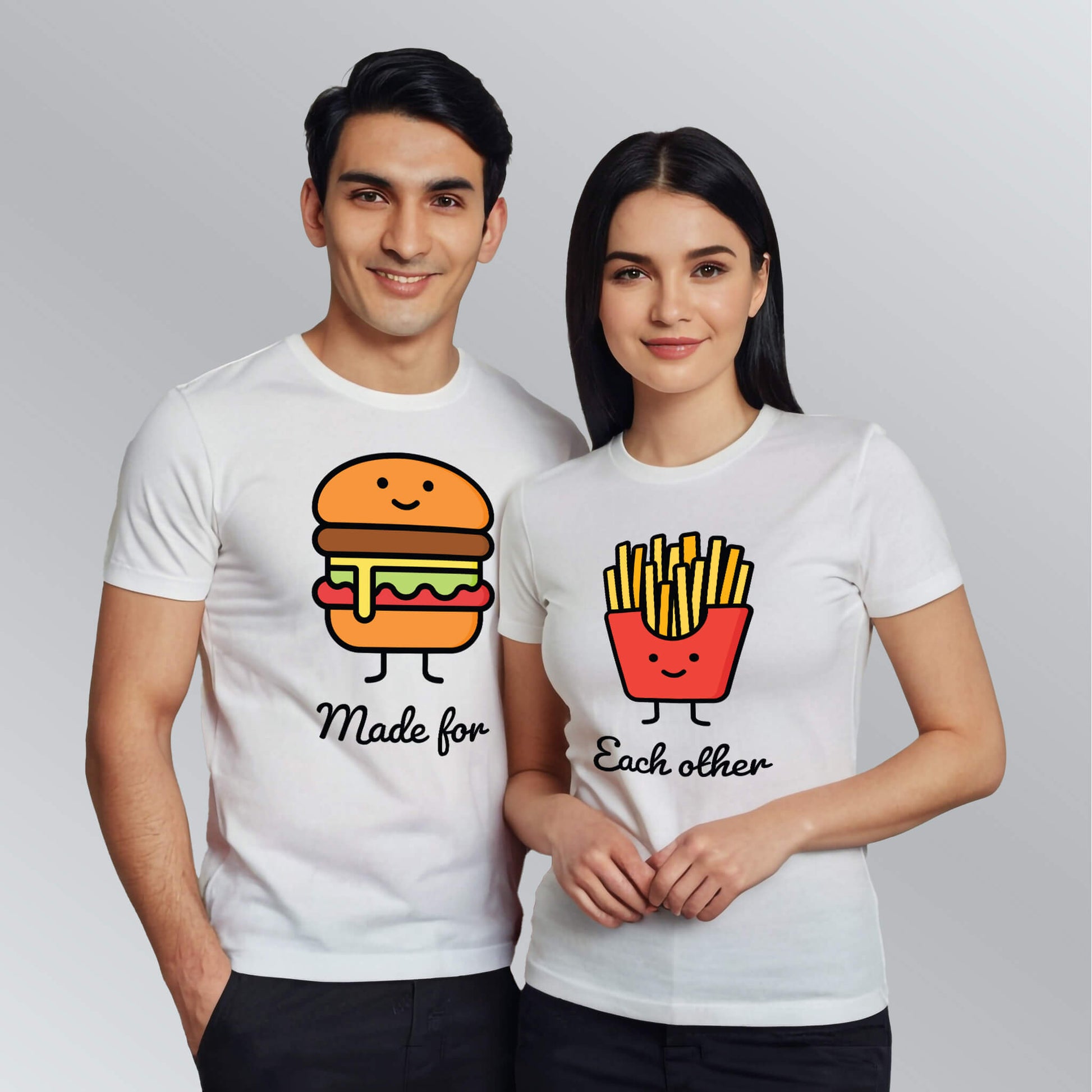 Burger-Fries matching T-shirts for couples in white