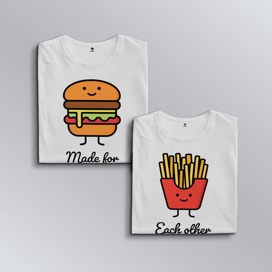Burger-Fries matching T-shirts for couples in white (top view)