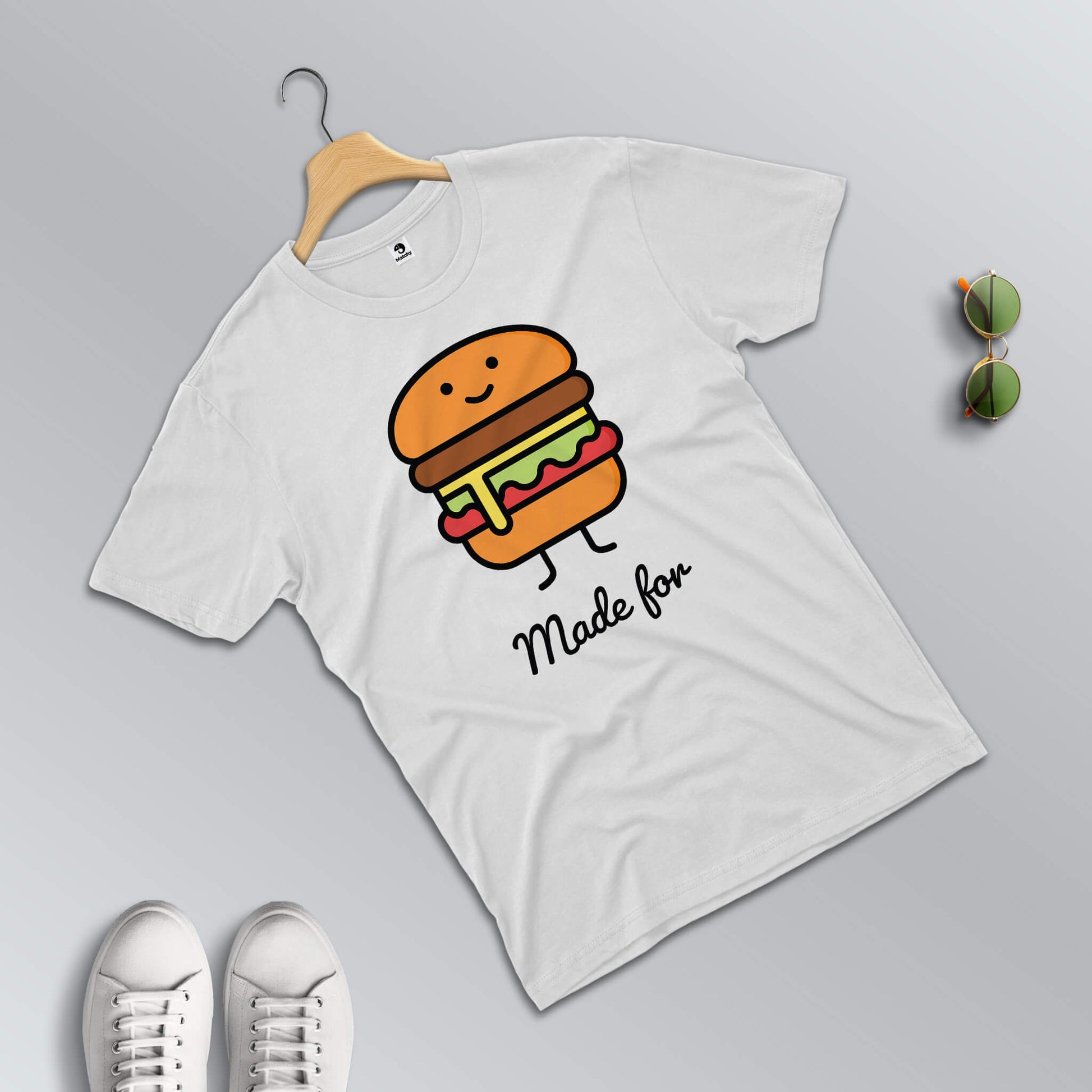 Burger-Fries matching T-shirts for couples in white (male t-shirt in focus)
