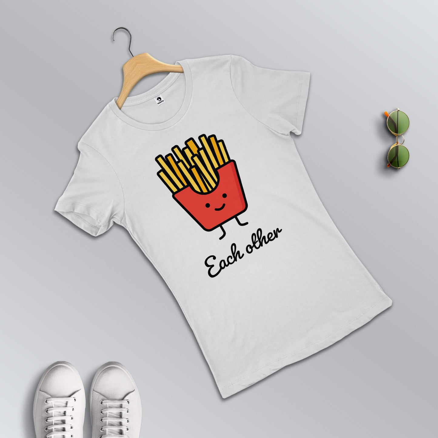 Burger-Fries matching T-shirts for couples in white (female t-shirt in focus)