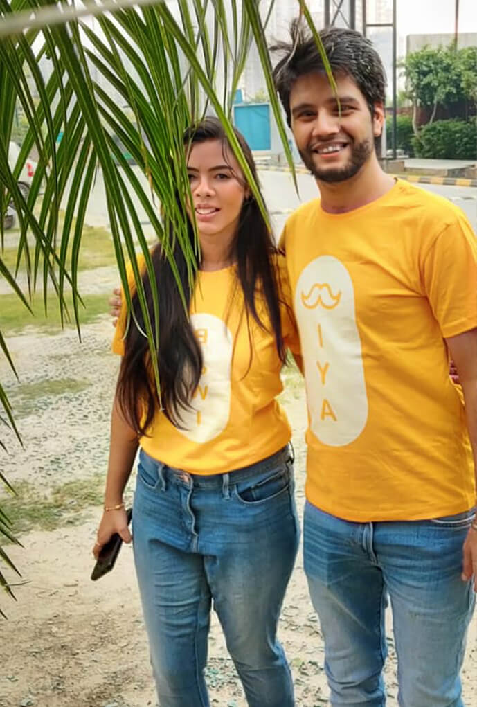 Real-life couple wearing Miya-biwi Matchy couple tees out for a weekend stroll