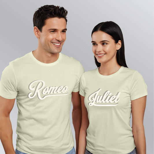 Romeo Juliet slogan T-shirts for couples in beige