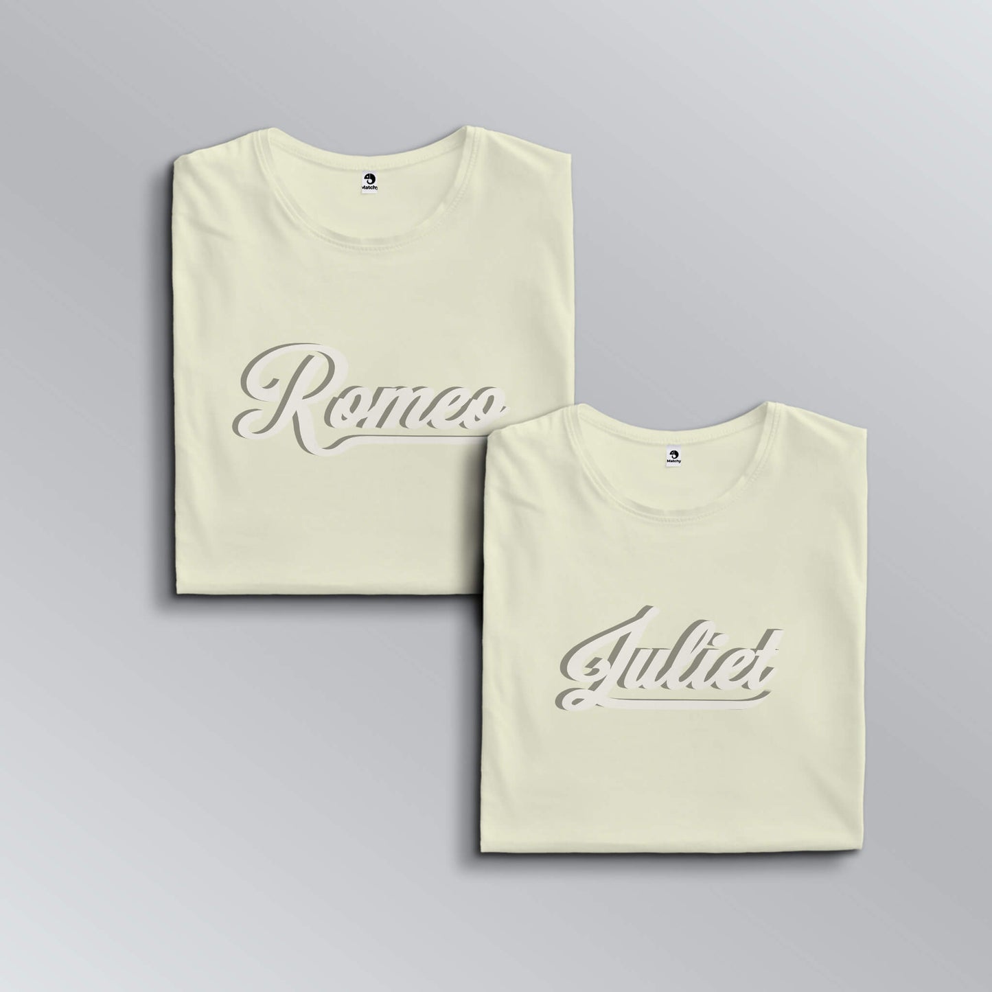 Romeo Juliet slogan T-shirts for couples in beige (top view)