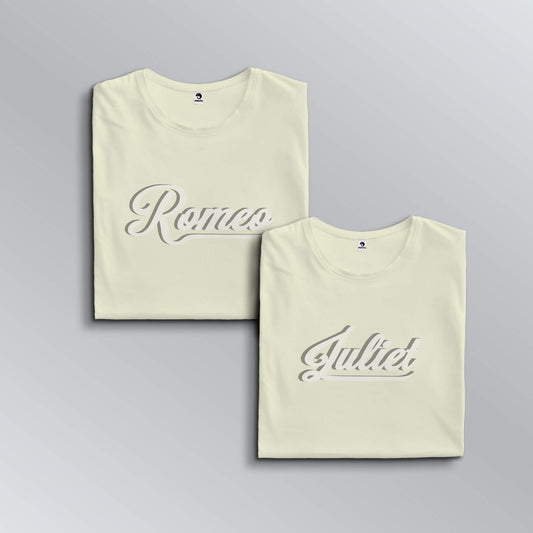 Romeo Juliet slogan T-shirts for couples in beige (top view)