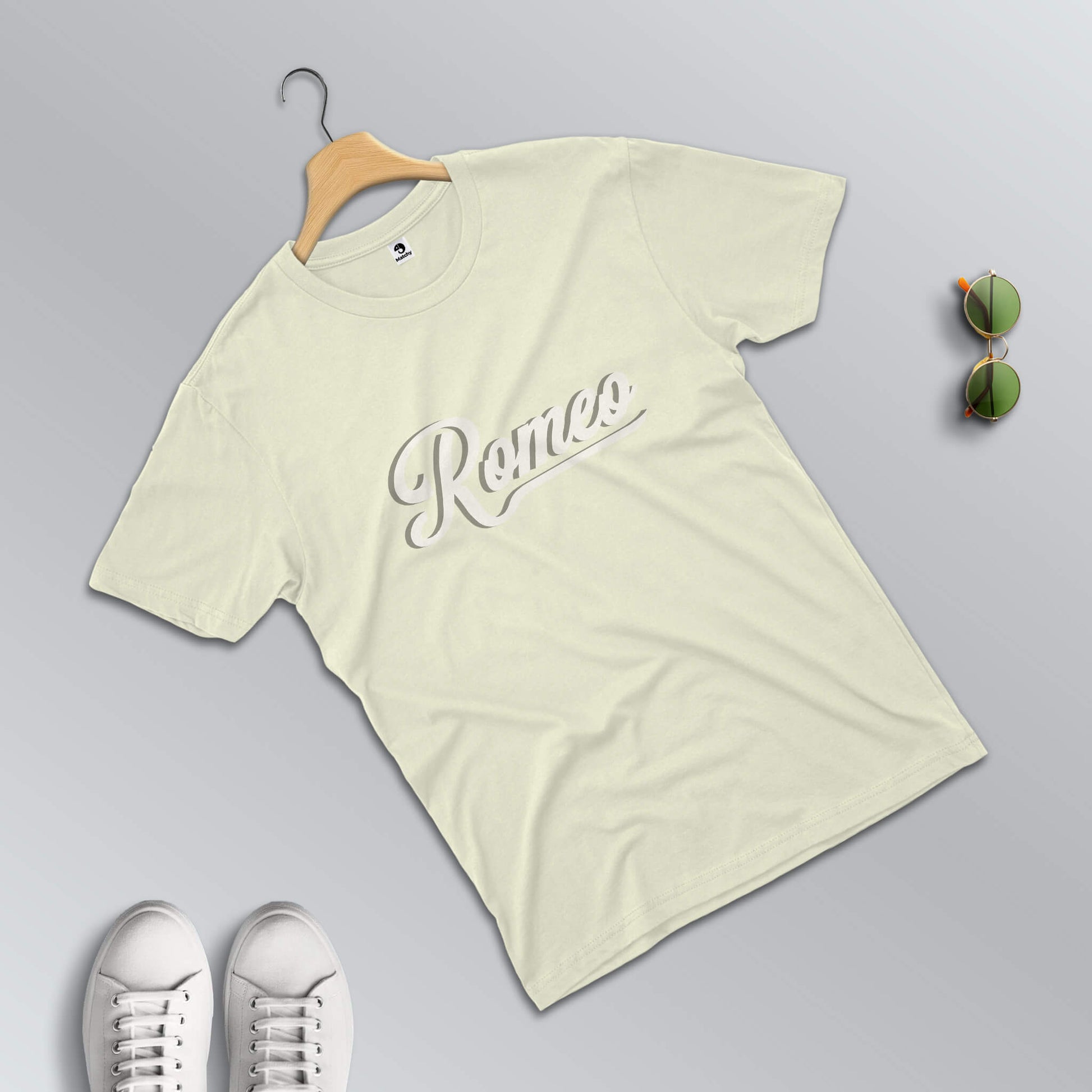 Romeo Juliet slogan T-shirts for couples in beige (male t-shirt in focus)