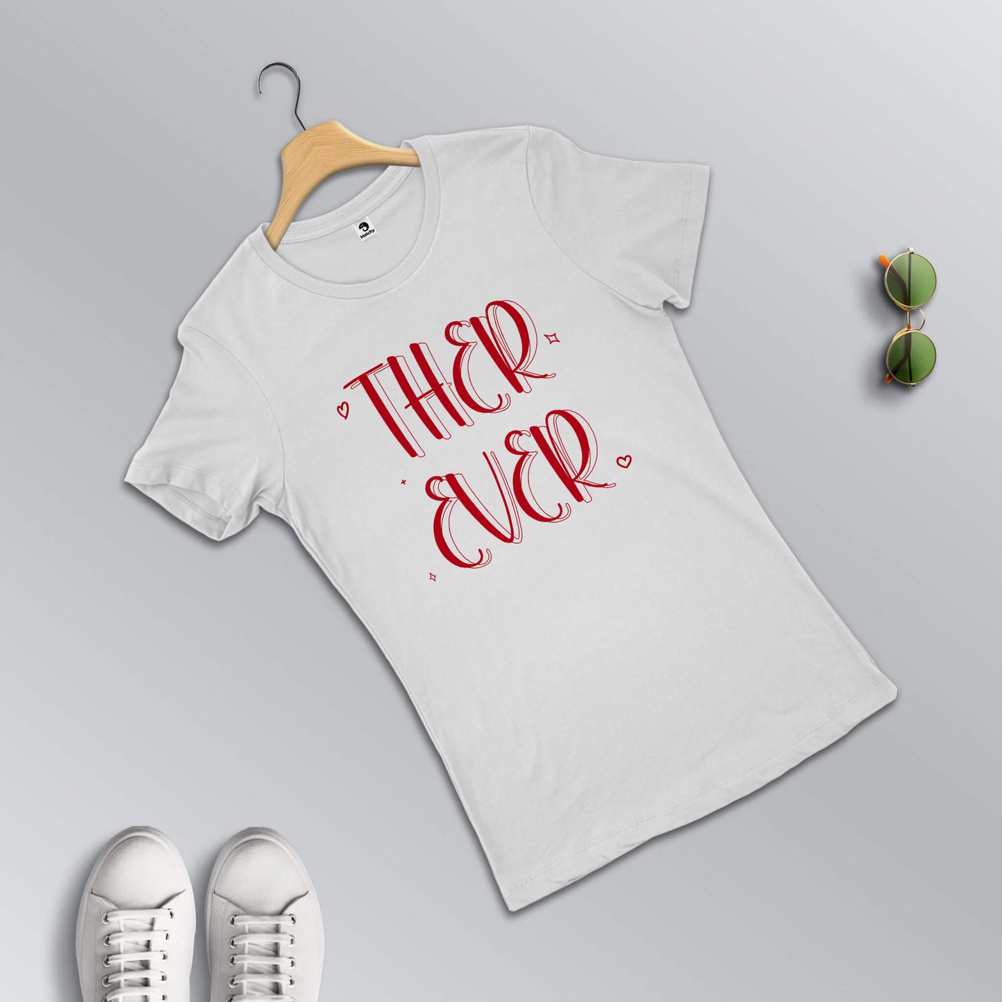 Together Forever slogan T-shirts for couples in white (female t-shirt in focus)