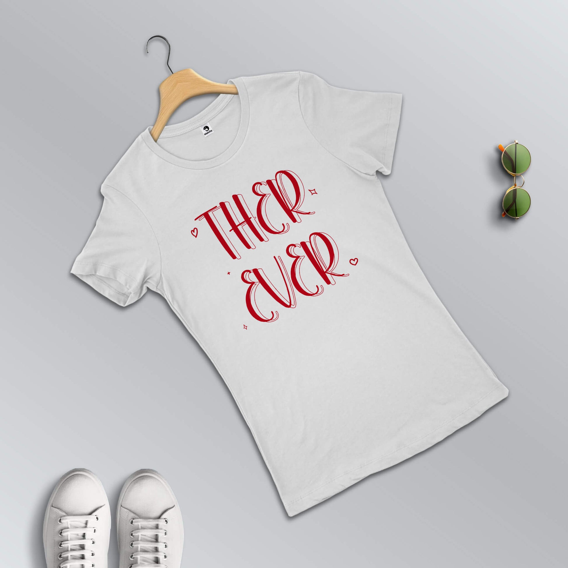 Together Forever slogan T-shirts for couples in white (female t-shirt in focus)