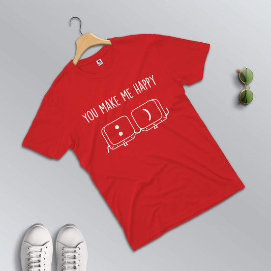 You make me happy T-shirts for couples in red (male t-shirt in focus)