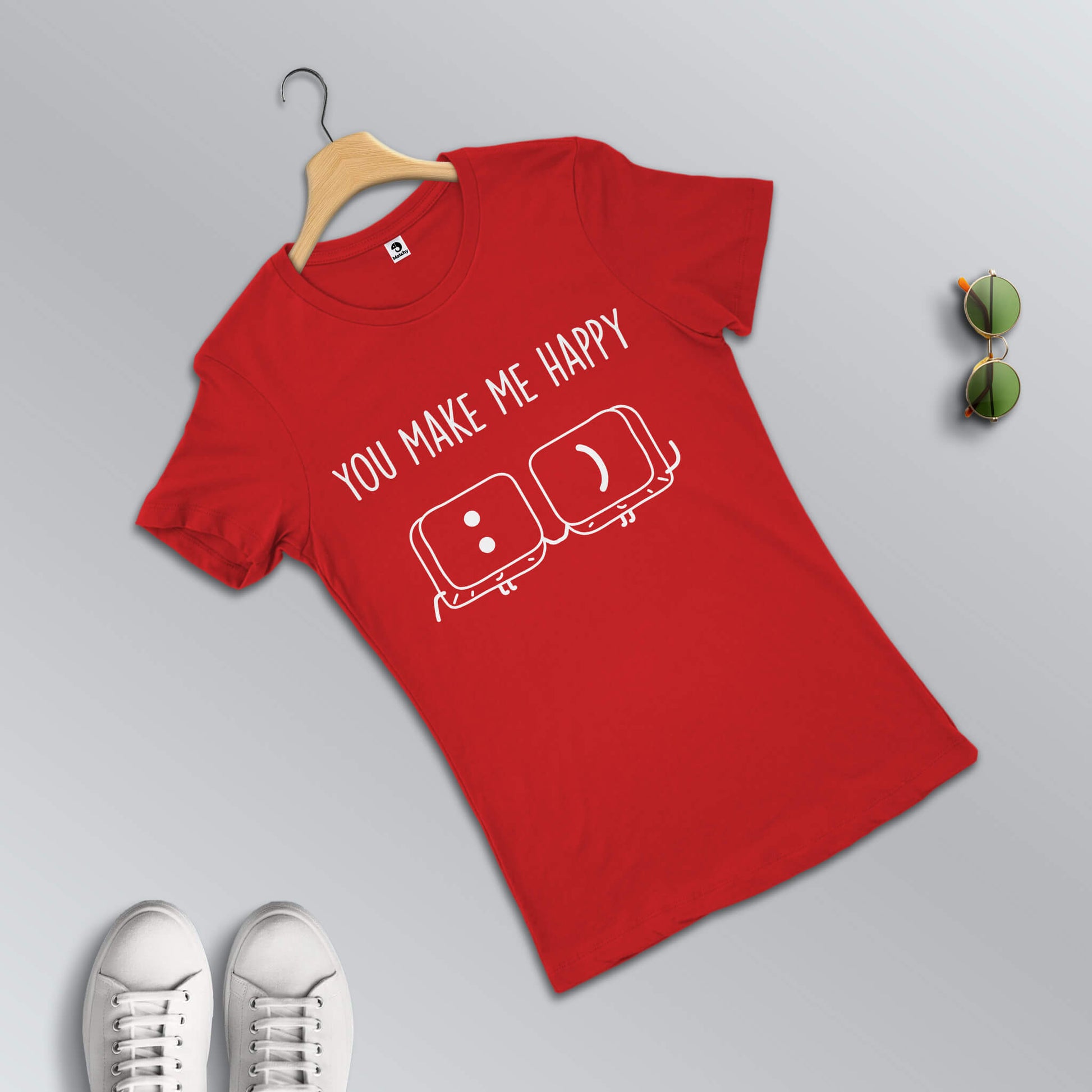You make me happy T-shirts for couples in red (female t-shirt in focus)